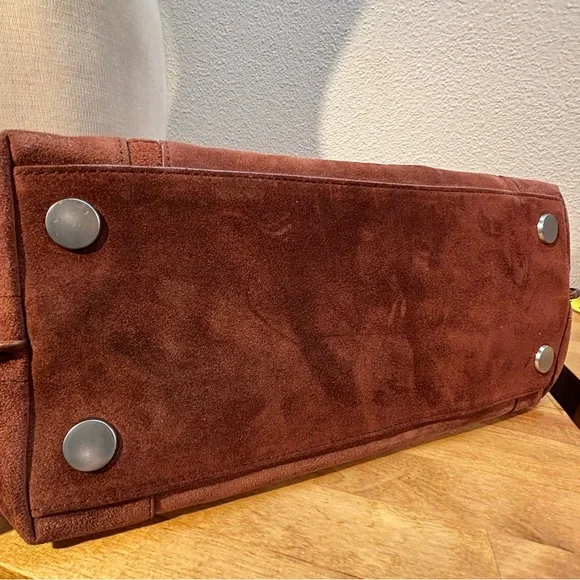 AllSaints Mori Suede Leather Tote Bag Brown Braided Handle Whipstitch - Picture 7 of 14